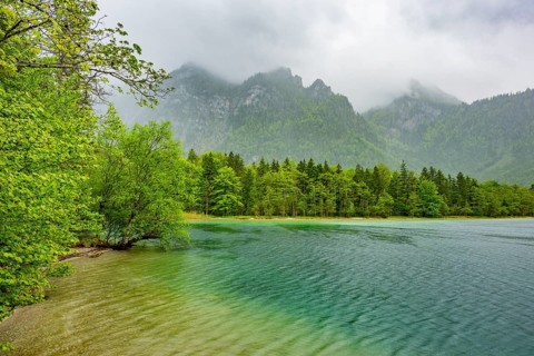 Landscape of Lake Offensee on a rainy day in spring, Salzkammergut, Austria
