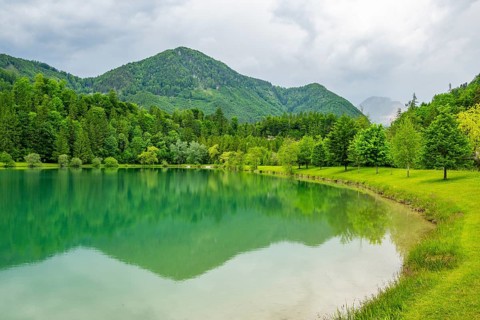 Landscape of Lake Elisabethsee on a rainy day in spring, Austria