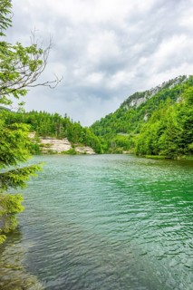 Landscape of Lake Elisabethsee on a rainy day in spring, Austria