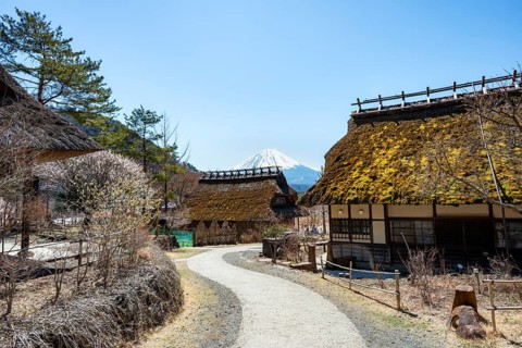 Iyashinosato open-air museum, old Japanese village with traditional houses, at the back volcano Mt.