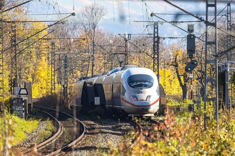 Intercity Express ICE. Open-route passenger train in the Stuttgart North Station area. Arched