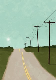 Postcard template with a country road, wooden poles. Copy space graphic template with canvas