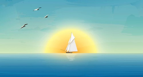 Sailing ship and seagulls in the morning sun on a calm sea. Vector background