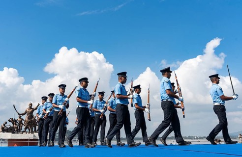 Indian Air Force personnel performs a bayonet drill demonstration on the bank of Brahmaputra river,