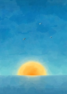 Dramatic scene of sun rising from the oceanand flying seaguls. Graphic arts postcard template,
