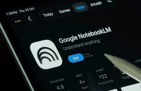 Dhaka, Bangladesh- 30 Oct 2025: Goole NotebookLM app displayed on a iPad screen in dark mode with a