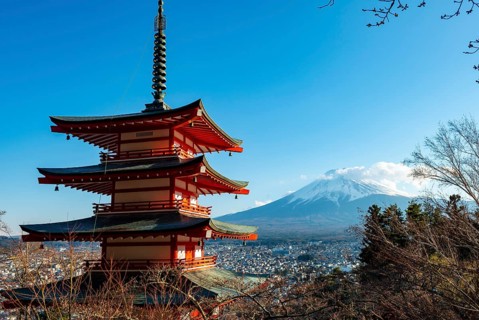Five-story pagoda of a Shinto Shrine, Chureito Pagoda, with views of Fujiyoshida City and Mount