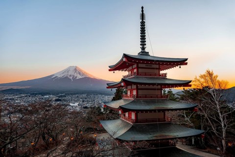Five-story pagoda of a Shinto Shrine, Chureito Pagoda, with views of Fujiyoshida City and Mount