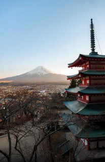 Five-story pagoda of a Shinto Shrine, Chureito Pagoda, with views of Fujiyoshida City and Mount