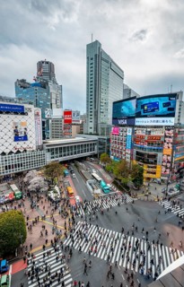 Modern houses with colorful neon signs and large road intersection, Shibuya Crossing from above,