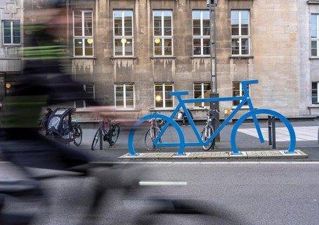 Bicycle parking spaces, with so-called leaning bars and a large blue bicycle silhouette, to make