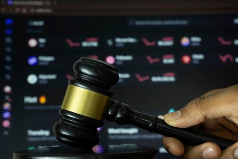 Dhaka, Bangladesh- 20 June 2025: A hand holds a gavel in front of a computer screen displaying