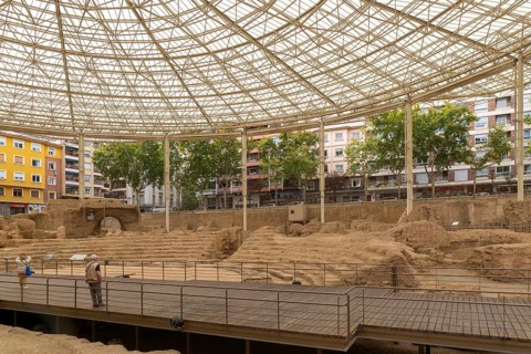 Covered ruins of Roman theatre amphitheatre, Zaragoza, Aragon, Spain
