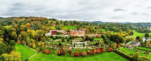 Autumn colours over Powis Castle and Garden from drone, Welshpool, Powys, Wales, England, United
