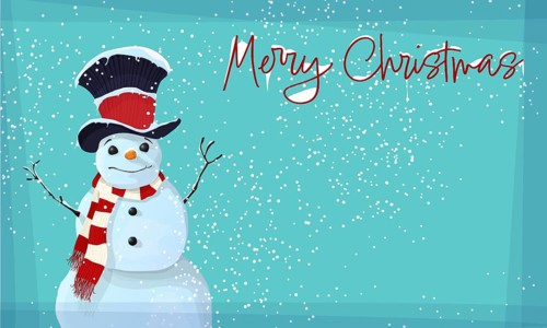 Winter Holidays editable vector text card with cute snow man wearing a fancy hat and scarf.