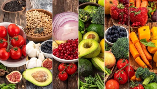 Food collage of various biological and organic fruits and vegetables, fresh healthy lifestyle, with