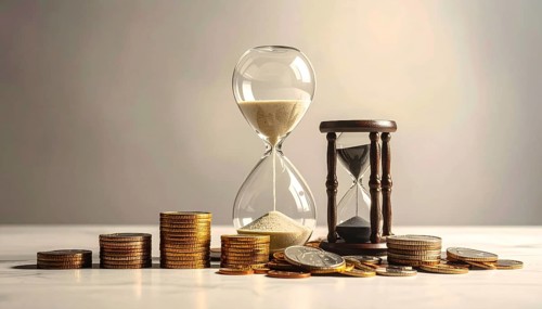 Hourglass and stacked golden coins, illustrating currency fluctuation and time impact commodities