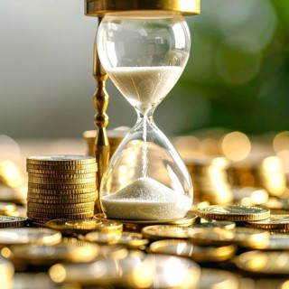 Hourglass and stacked golden coins, illustrating currency fluctuation and time impact commodities