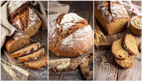 Collage of rustic loaf of whole grain bread, bread on dark rustic wooden table, great variety of