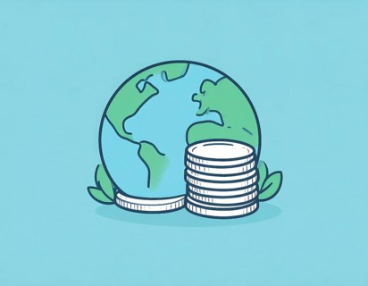 Green earth globe with silver coin stack symbolizing global finance economy and sustainable growth,