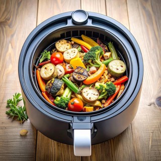 Air fryer with grilled vegetables, wooden table in the kitchen, healthy eating, healthy vegetarian
