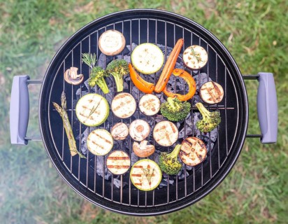 Cooking vegetables on grill outdoors, healthy lifestyle with healthy food, close up of grill with