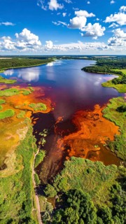 Red algae plant on the lake. abstract ecology nature concept, wild landscape with vibrant red