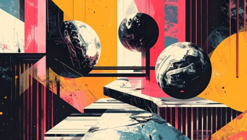 Vector art illustration, spheres, rectangles, triangles and geometric pattern, vector wallpaper