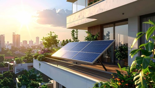 Sunlight Glinting Off Solar Panels on Contemporary Apartment Balcony, energy solution, concept of