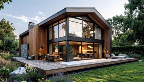 Modern Extension on a Traditional Cottage with Glass and Wood Architecture, green garden with
