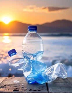 Crushed plastic water bottle waste in a wild landscape, symbol for nature protection, waste