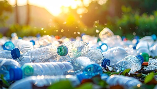Crushed plastic water bottle waste in a wild landscape, symbol for nature protection, waste