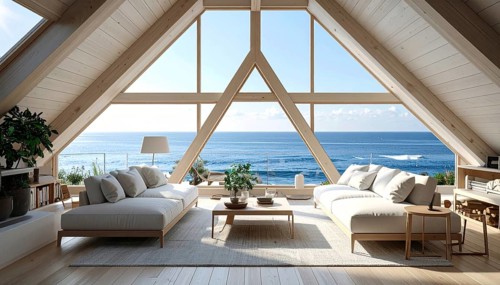 Peaceful A-frame cabin interior with ocean views, real estate lifestyle and travel destination,