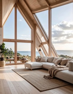 Peaceful A-frame cabin interior with ocean views, real estate lifestyle and travel destination,