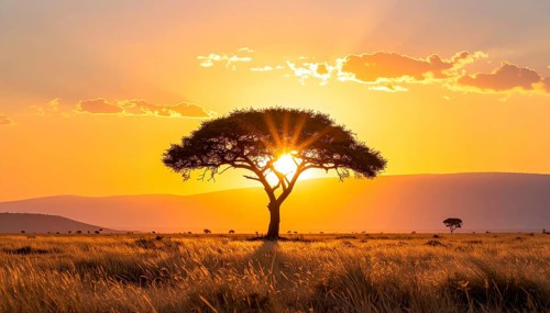 Single acacia tree in the savannah at sunset, solitude in the wild, dry grass in the foreground,