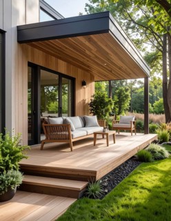 An eco-friendly porch designed for sustainable living in an environmentally-conscious home, lush