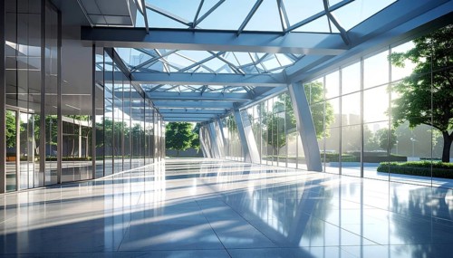Modern architectural framework with glass and steel structure, glass facade with a greed of steel