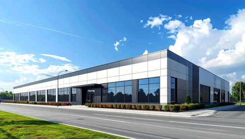Modern supermarket building exterior against blue sky, Inviting white facade, some clouds, concept