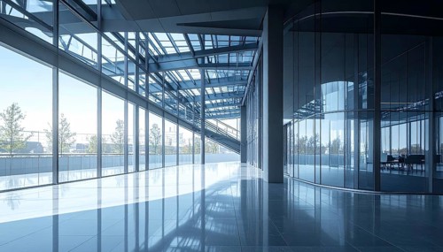 Modern architectural framework with glass and steel structure, glass facade with a greed of steel