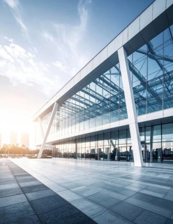 Modern architectural framework with glass and steel structure, glass facade with a greed of steel