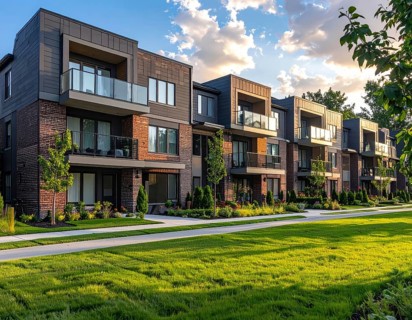 Modern apartment building with balconies and well-kept landscaping at sunset, Modern multifamily