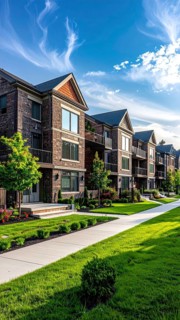 Modern apartment building with balconies and well-kept landscaping at sunset, Modern multifamily