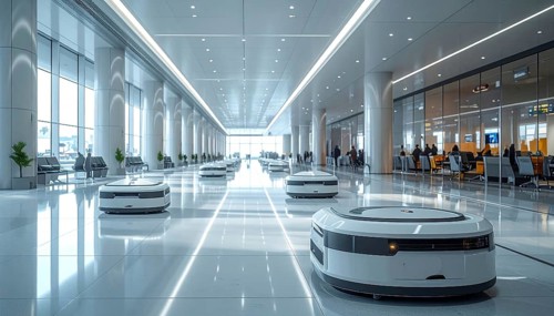 Autonomous cleaning roboter at modern airport terminal, showcasing advanced technology, daylight in