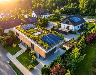 Aerial view showcases modern houses with solar panels and green roofs in a suburban setting,