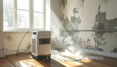 A specialized dehumidifier operates in a mold-infested room following water damage, Shell