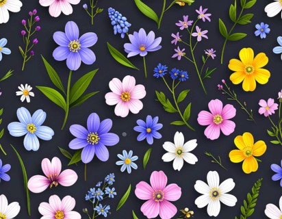 Vibrant wildflowers and grass create a colorful and joyful floral pattern, Variety of wild flowers,