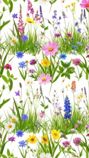 Vibrant wildflowers and grass create a colorful and joyful floral pattern, Variety of wild flowers,