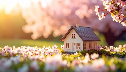 A miniature house surrounded by blooming cherry blossoms and warm sunlight, creating a peaceful and