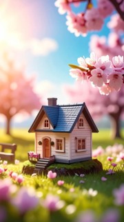 A miniature house surrounded by blooming cherry blossoms and warm sunlight, creating a peaceful and