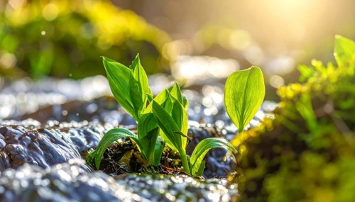 Beautiful spring detailed stream of fresh water, vibrant blooming young green plants, wallpaper